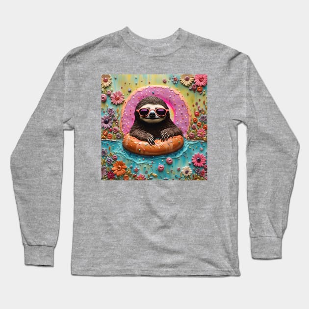 Sloth Chilling in a Floating Donut Long Sleeve T-Shirt by Angelandspot